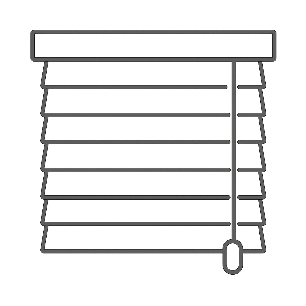 A graphic illustration of horizontal window blinds set to an open position, with only a small section of the lower left vi...