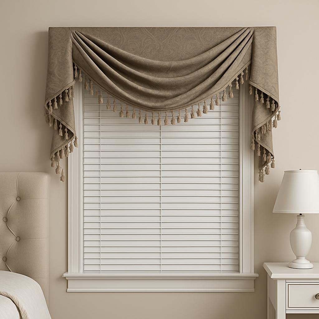 alt text: An interior image of a bedroom window shade, covered by a grey, drooping, tan, fringed, linen valance, accompani...