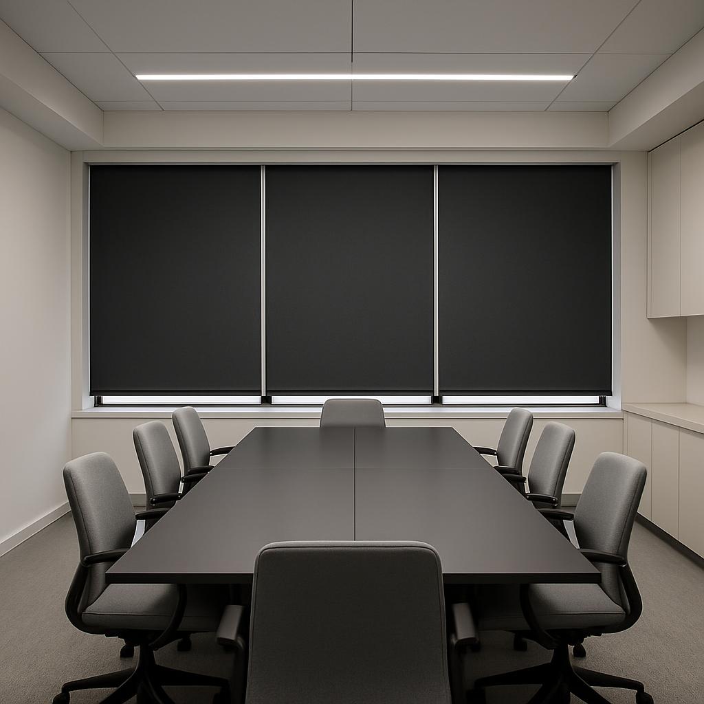 This image depicts a conference room where a rectangular table with a dark finish is surrounded by eight posing office cha...