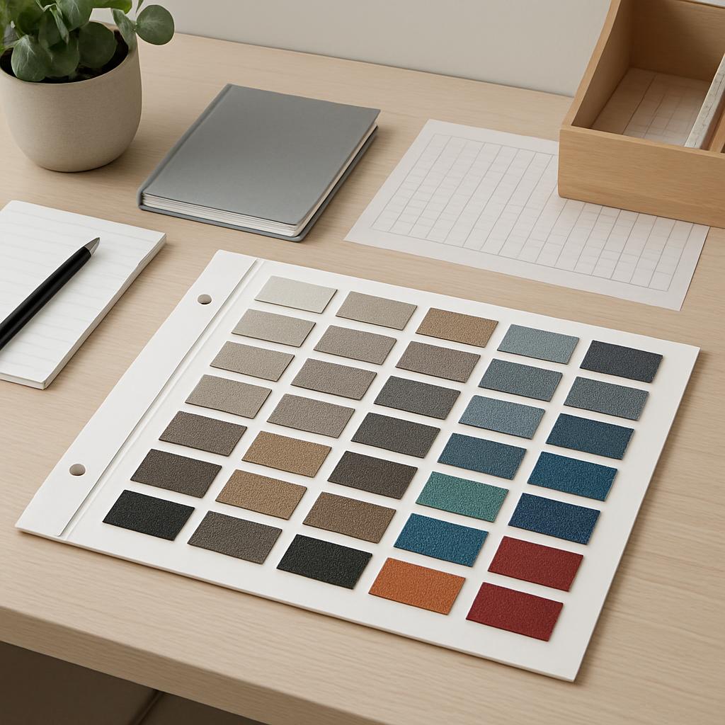 A color chart with various swatches displayed on a table, accompanied by writing materials and a plant.