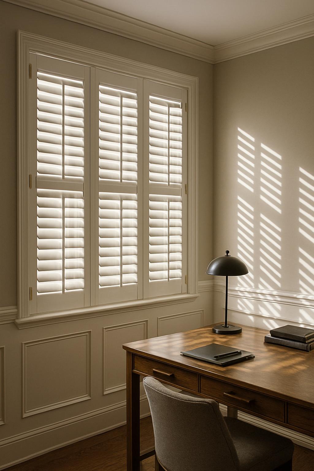 The image depicts a corner of a room featuring a desk, chair, and window with closed white shutters and strips of sunlight...